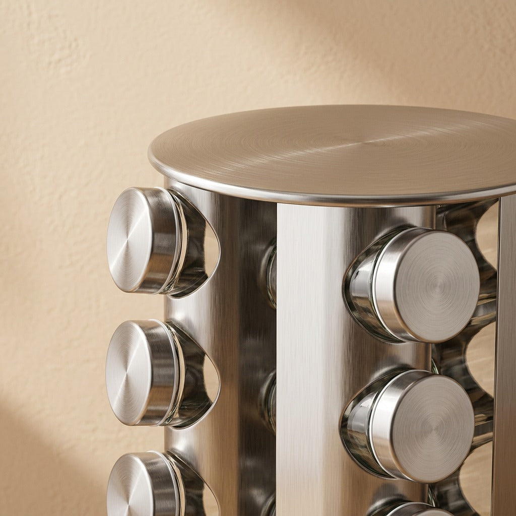 Spicespin™ Stainless Steel Rotating Spice Rack, material and detail close-up