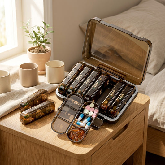 Pillmatrix™ 24-Compartment Portable Medicine Box in a calm home setting