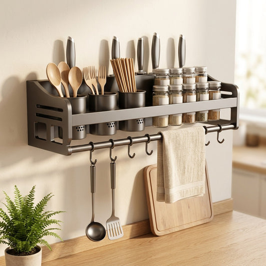 Wallspice™ Wall-Mounted Carbon Steel Spice Rack in a calm home setting