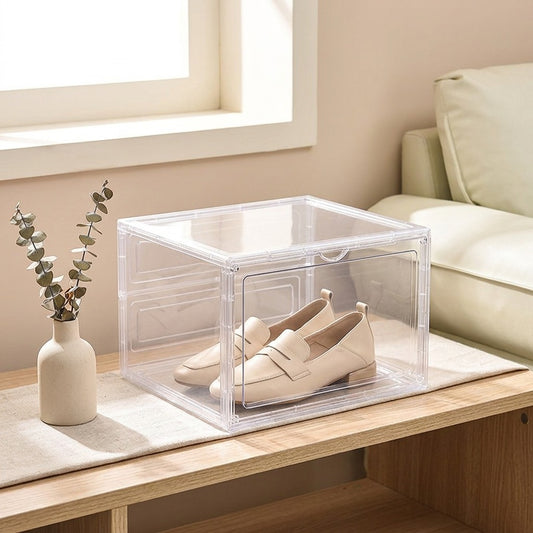 Shoeclear™ Transparent Plastic Shoe Storage Box in a calm home setting