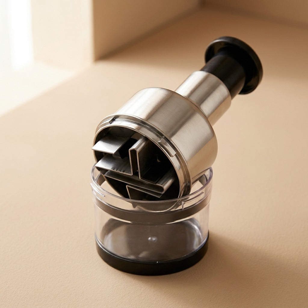 Presswell™ Stainless Steel Garlic Press, material and detail close-up