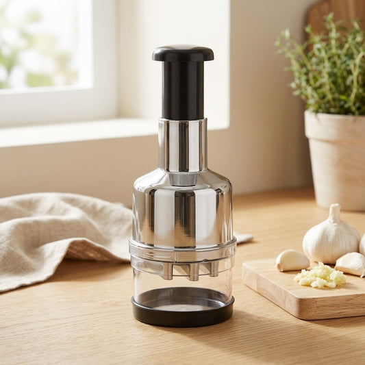 Presswell™ Stainless Steel Garlic Press in a calm home setting