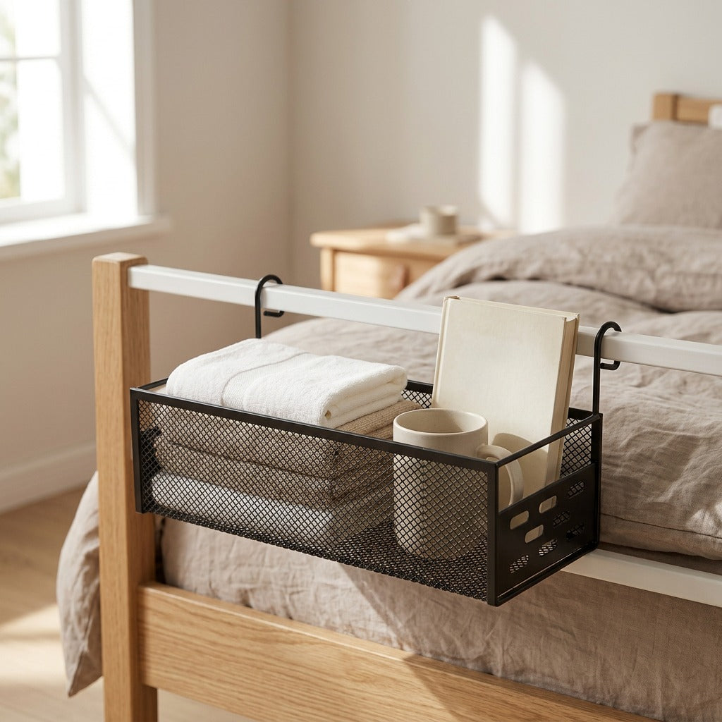 Bedcaddy™ Iron Bedside Hanging Basket, styled close view