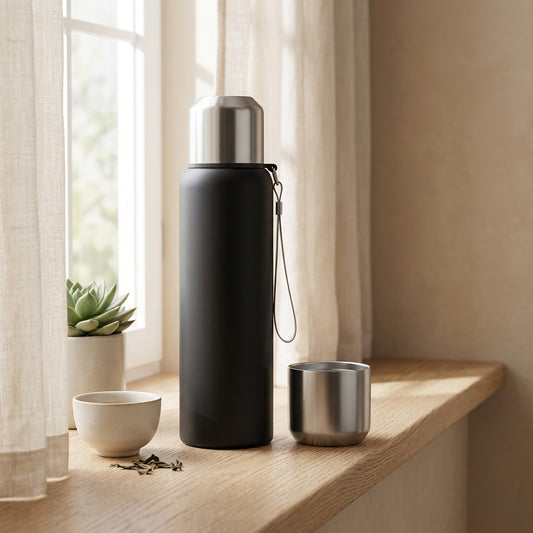 Leafsift™ 316 Stainless Steel Tea Separation Water Bottle in a calm home setting
