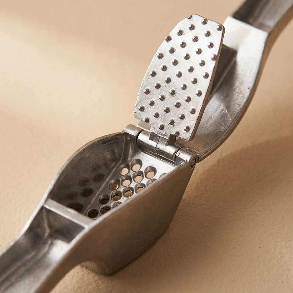 Clovecrush™ Zinc Alloy Garlic Press, material and detail close-up