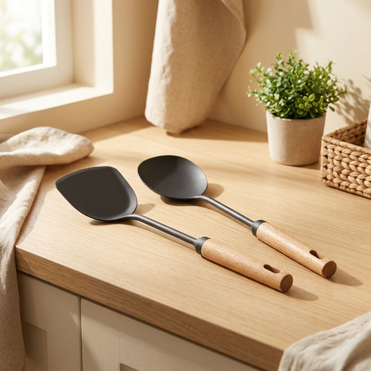Stirforge™ Iron Kitchen Spatula and Spoon Set in a calm home setting