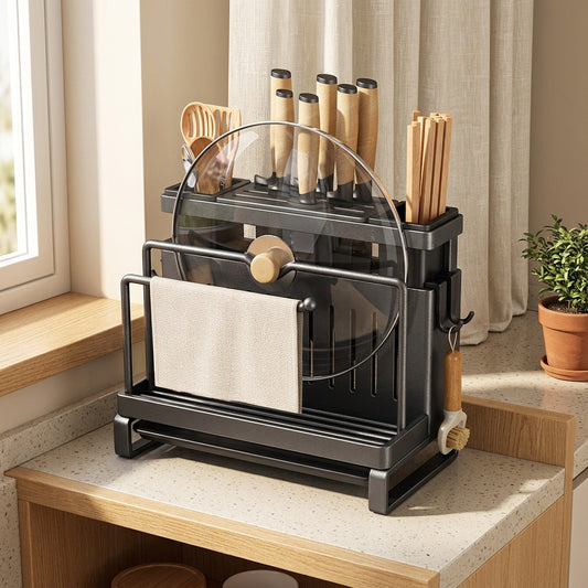 Rackstow™ Carbon Steel Kitchen Storage Rack in a calm home setting