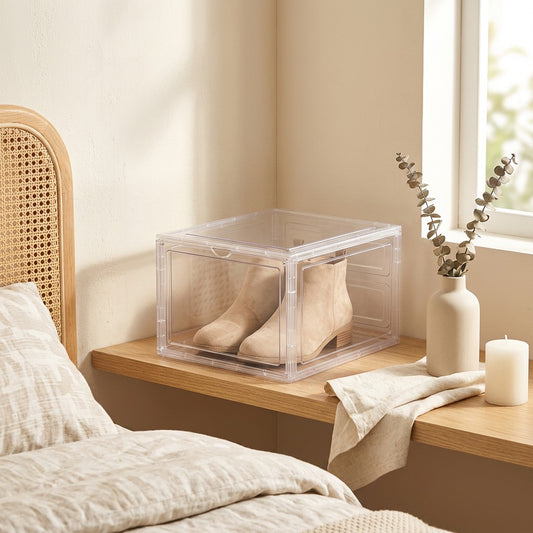 Clearslot™ Transparent Plastic Shoe Storage Box in a calm home setting