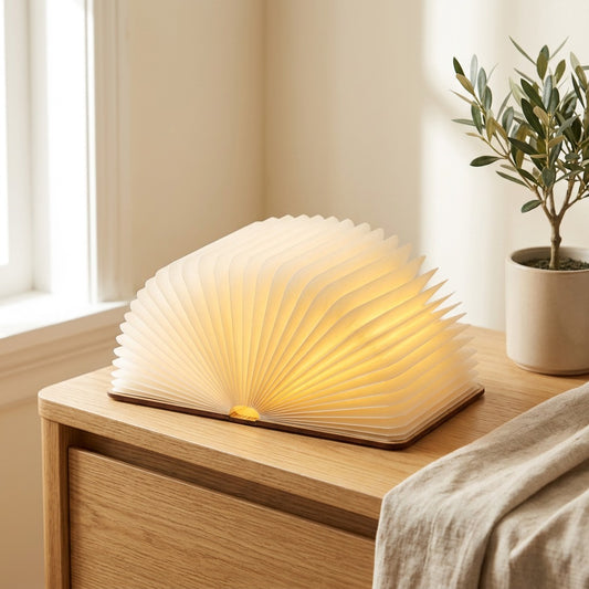 Pageglint™ Folding Book Light With Three-Color LED in a calm home setting