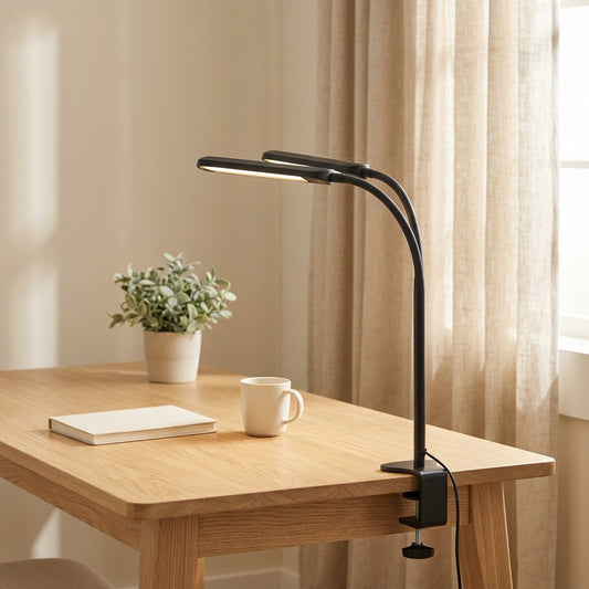 Twinshine™ Double-Head LED Desk Lamp in a calm home setting
