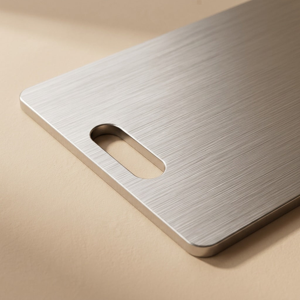 Steelprep™ Stainless Steel Cutting Board, material and detail close-up