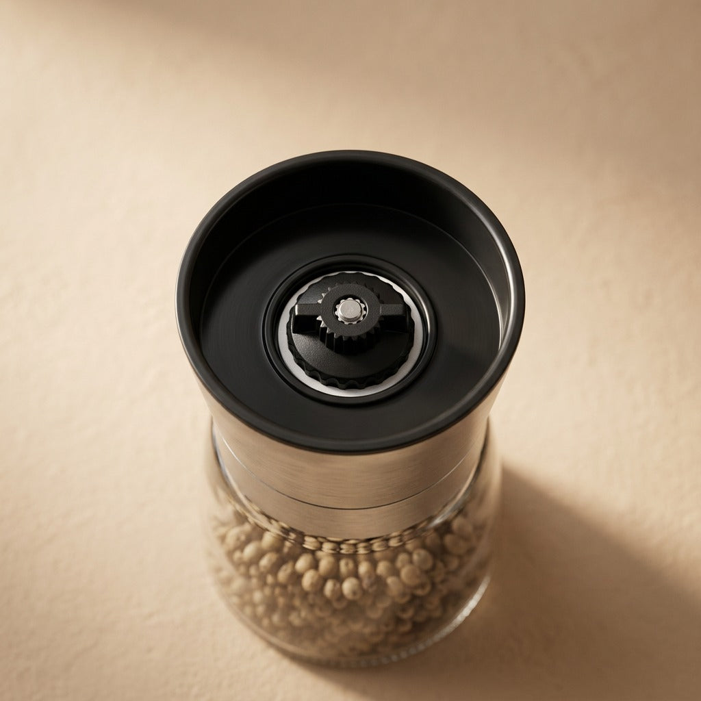 Pepperturn™ Glass Pepper Grinder Bottle, material and detail close-up