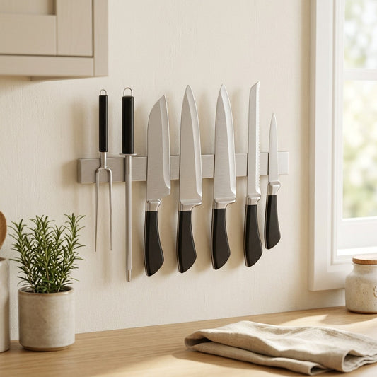 Bladeback™ Stainless Steel Magnetic Knife Holder in a calm home setting