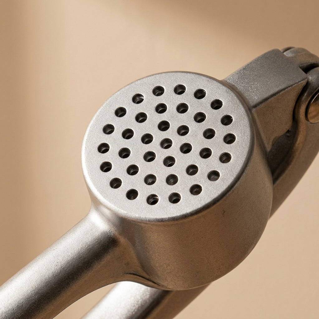 Clovemill™ Zinc Alloy Garlic Press, material and detail close-up