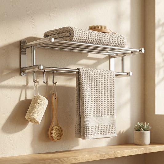 Dryrail™ Stainless Steel Bathroom Towel Rack in a calm home setting