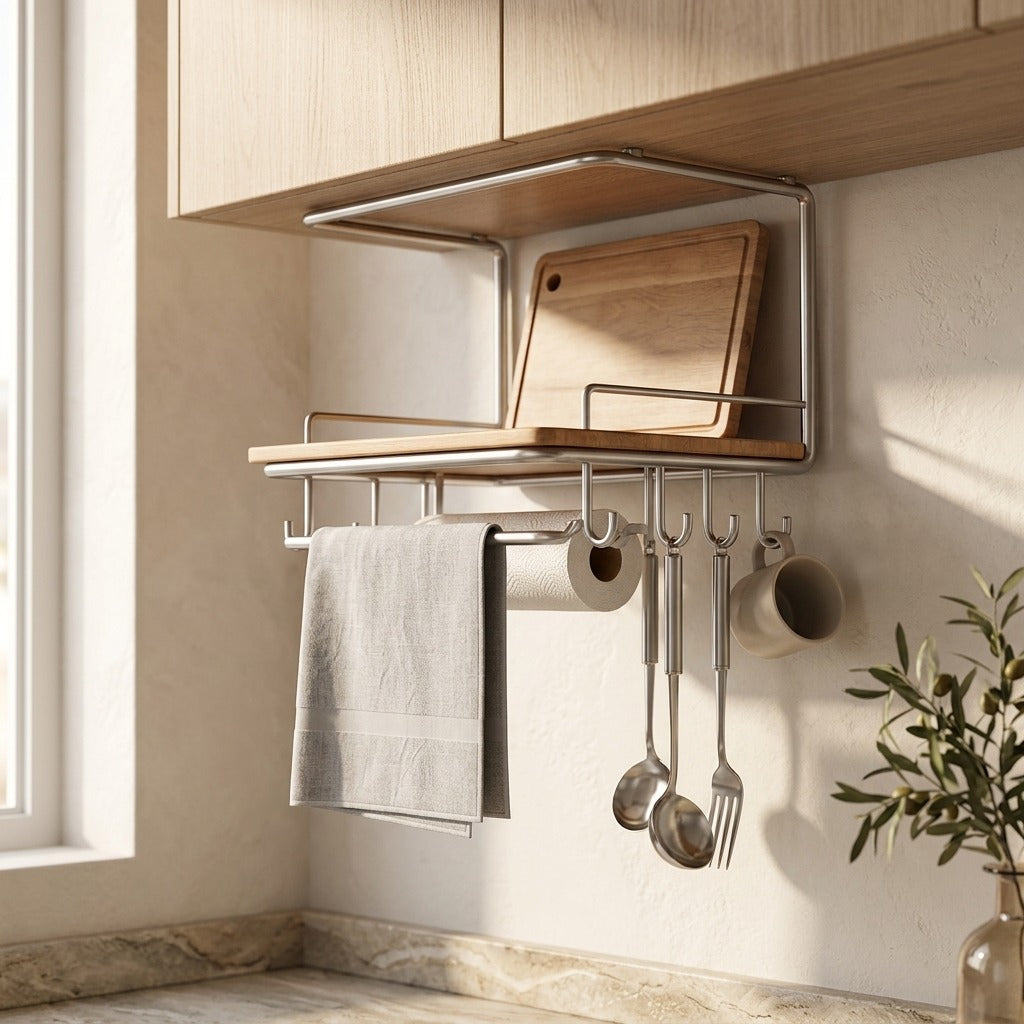 Boardbar™ Wall-Mounted Cutting Board and Rag Rack, styled close view