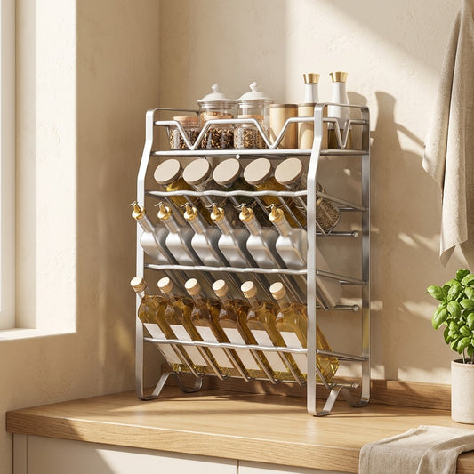 Spicestow™ Stainless Steel Countertop Spice Rack in a calm home setting