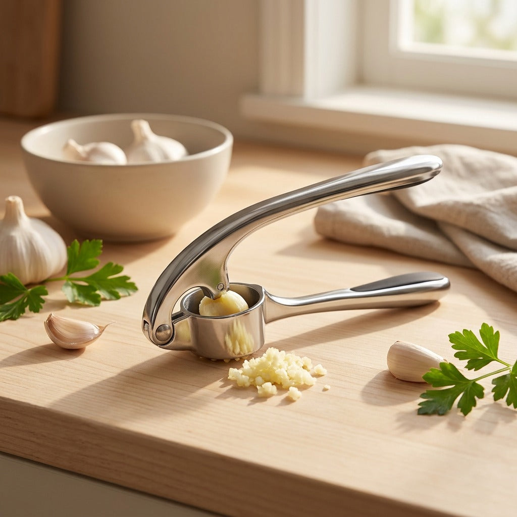 Mashgrip™ Zinc Alloy Garlic Press, styled close view