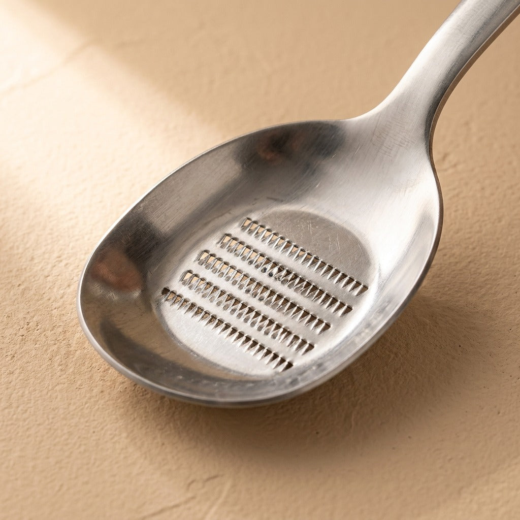 Gingershave™ Stainless Steel Ginger Grinder Spoon, material and detail close-up