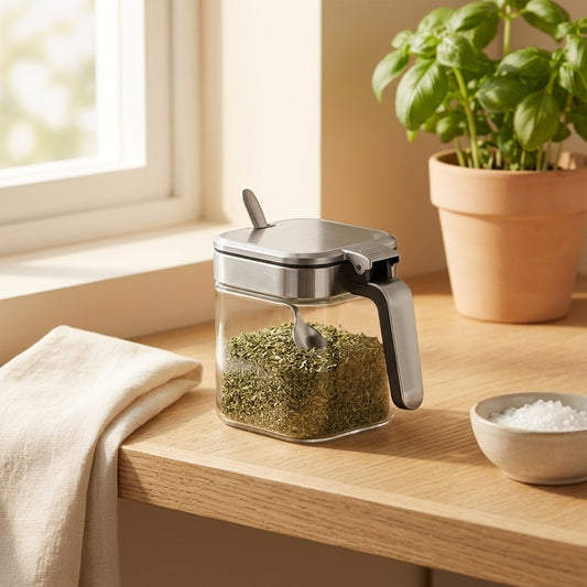 Herbspoon™ Glass Seasoning Jar With Spoon in a calm home setting