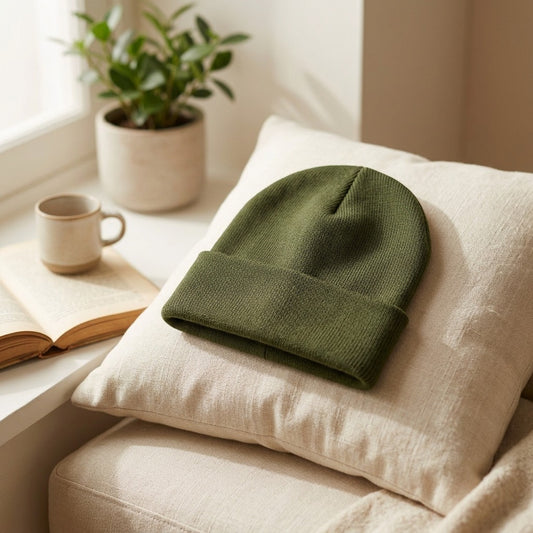 Knitwarm™ Solid Color Knitted Beanie Hat in a calm home setting
