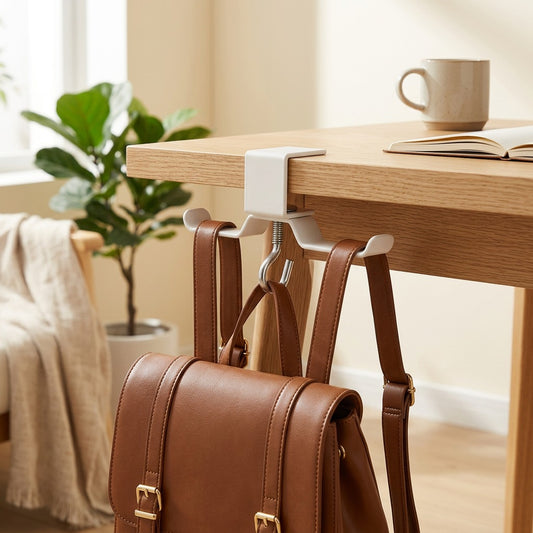 Deskhook™ Iron Desk Edge Bag Hook in a calm home setting