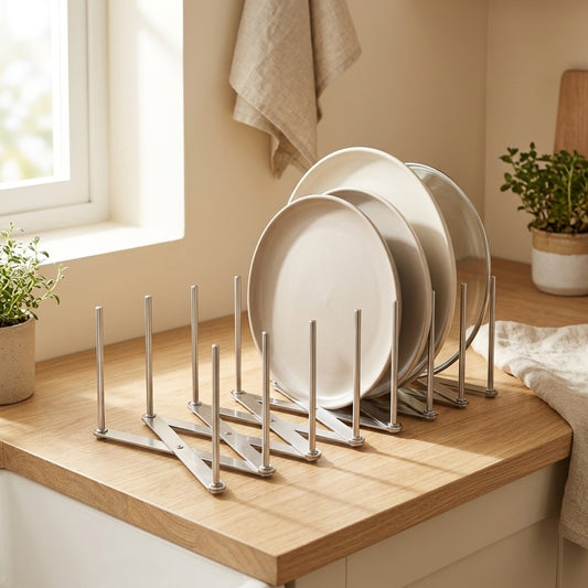 Dripfold™ Stainless Steel Retractable Dish Rack in a calm home setting