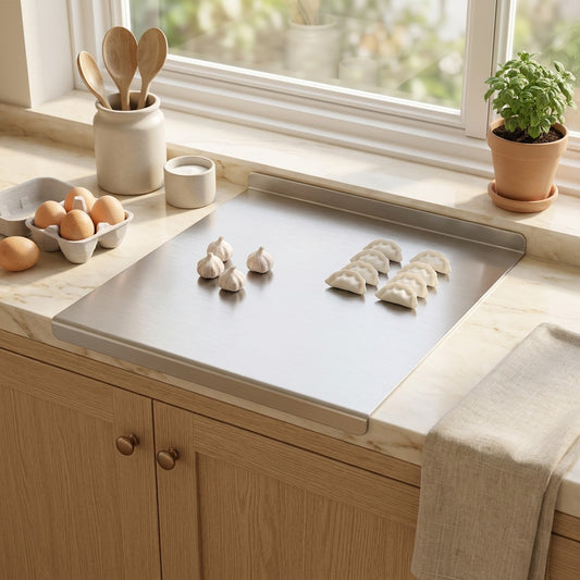 Steelslice™ Stainless Steel Cutting Board in a calm home setting