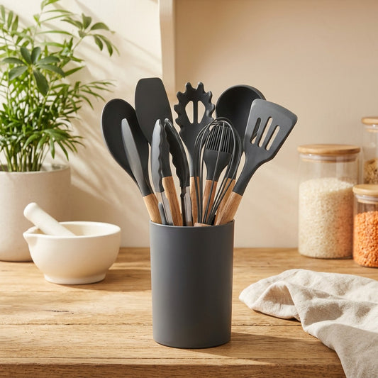 Cookcaddy™ Silicone Kitchen Utensil Set with Bucket in a calm home setting