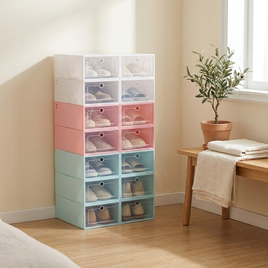 Solestack™ Stackable Plastic Shoe Box in a calm home setting