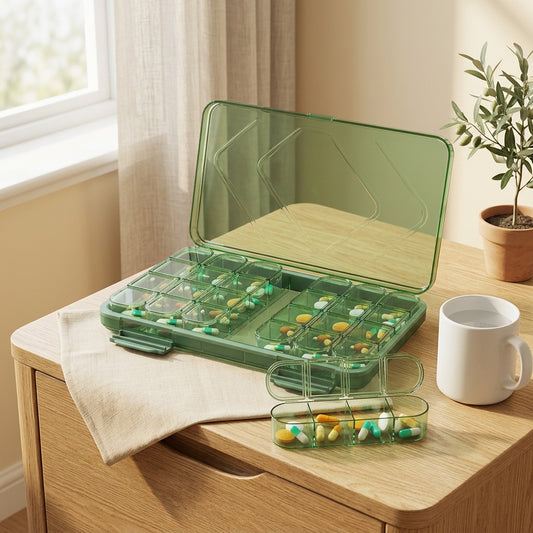 Dosegrid™ PP Plastic Pill Box With Compartments in a calm home setting