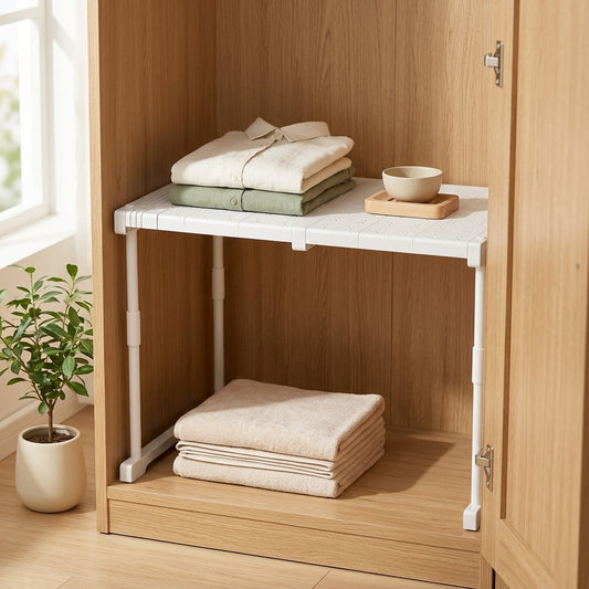 Telescend™ Telescopic Carbon Steel Storage Rack in a calm home setting