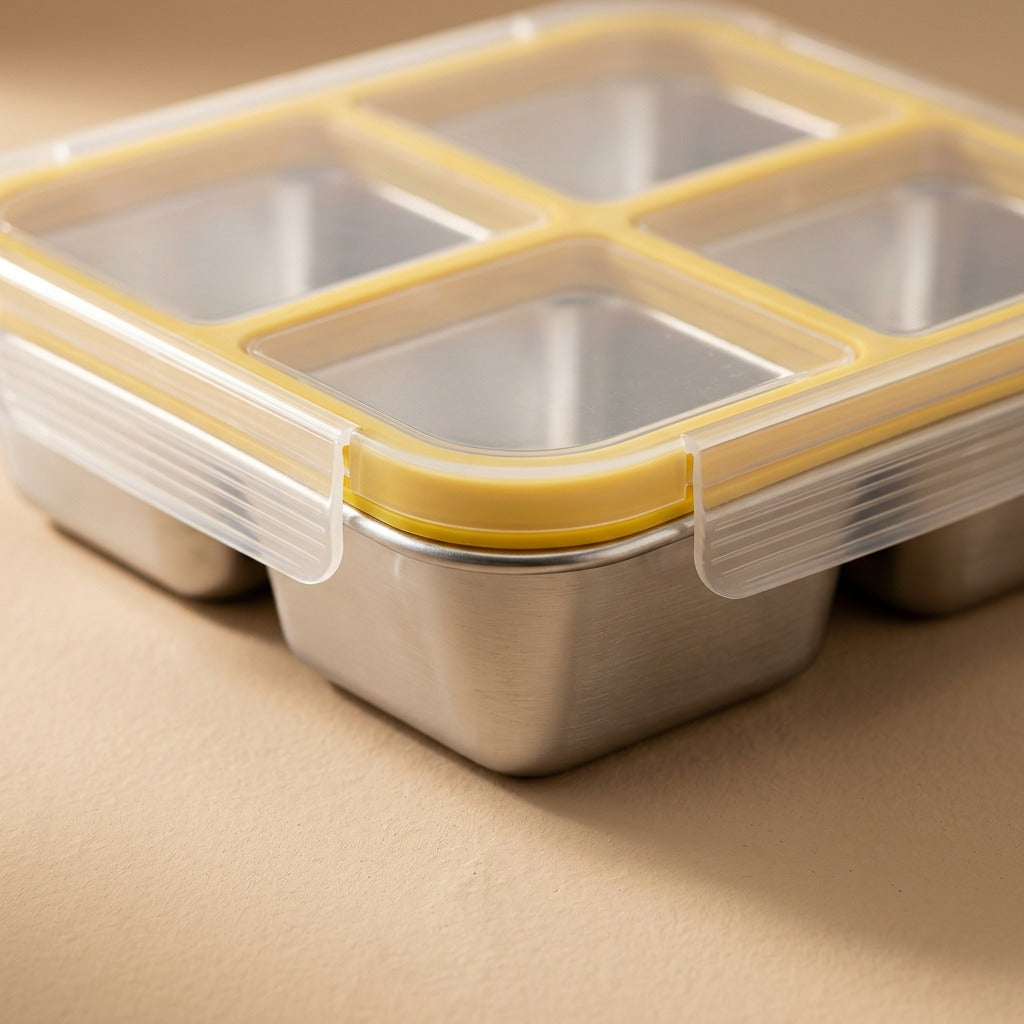 Quadmeal™ 304 Stainless Steel Four-Compartment Lunch Box, material and detail close-up