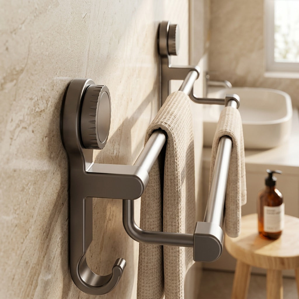 Griptowel™ Suction Cup Bathroom Towel Rack, styled close view