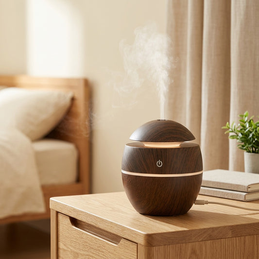 Woodmist™ Wood Grain USB Humidifier in a calm home setting