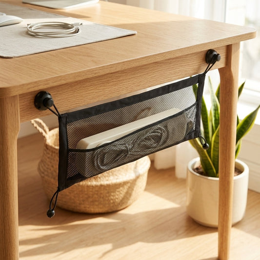 Meshperch™ Mesh Under-Desk Power Strip Storage Net in a calm home setting