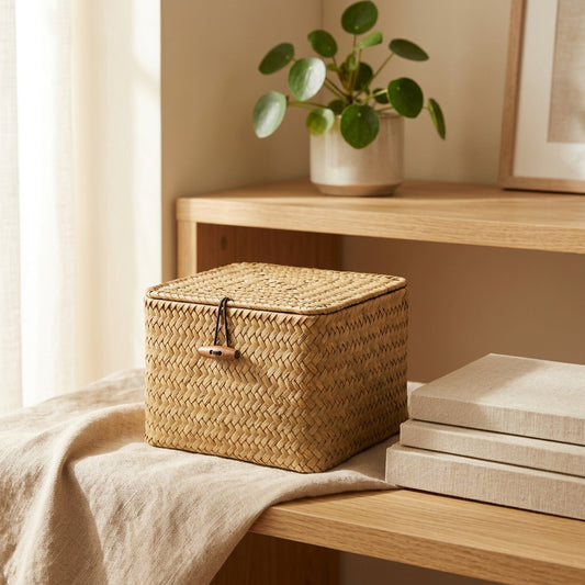 Bamboohide™ Square Bamboo Storage Box With Lid in a calm home setting
