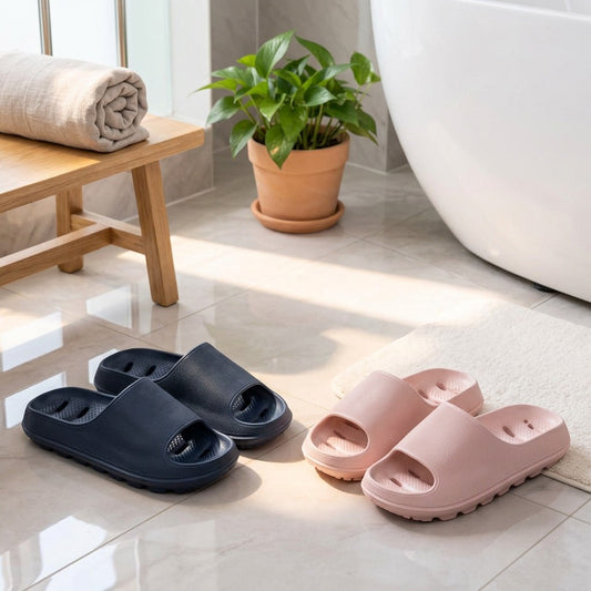 Showerdrift™ EVA Foam Shower Slide Sandals in a calm home setting