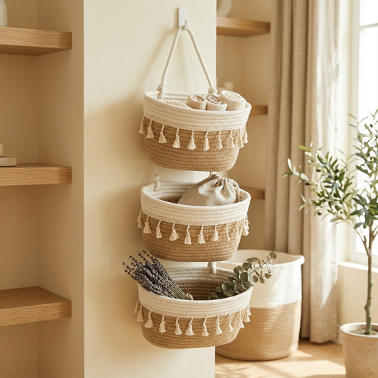 Cottonest™ Three-Layer Cotton Hanging Storage Basket in a calm home setting