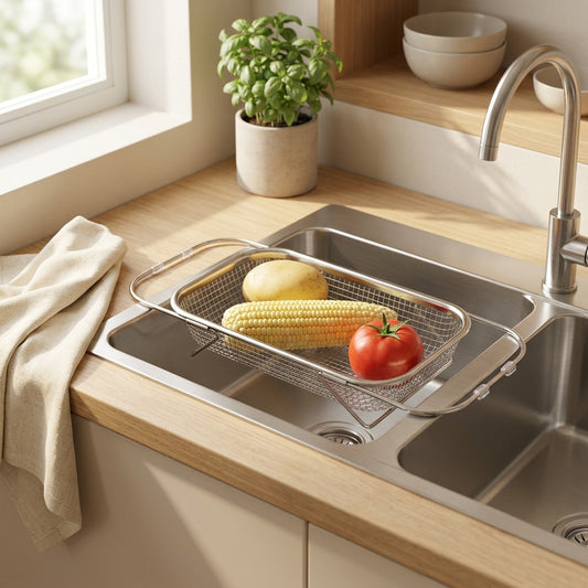 Dripcup™ Stainless Steel Sink Draining Basket in a calm home setting