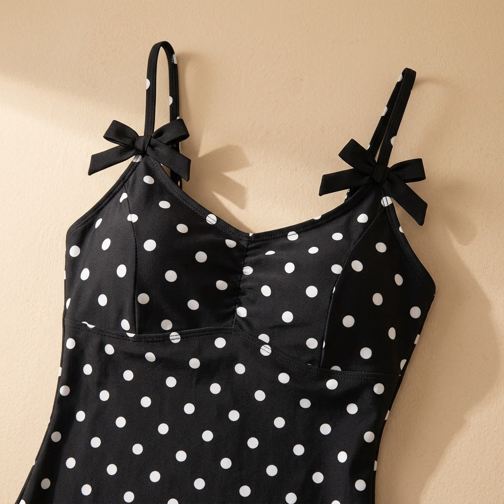 Dotfloat™ Polka Dot Skirt-Style One-Piece Swimsuit, material and detail close-up