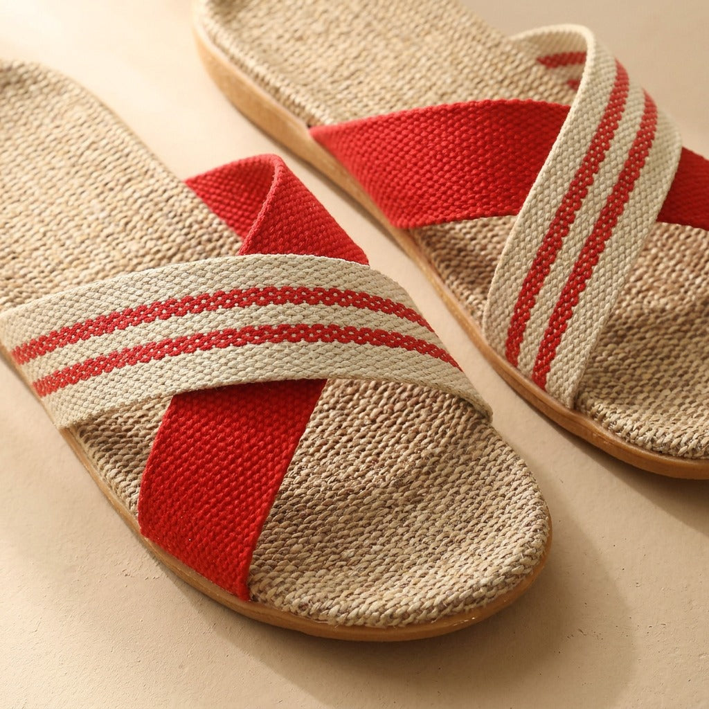 Linenloop™ Linen Cross-Strap Slippers, material and detail close-up
