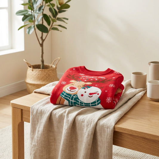 Snowcheer™ Kids' Christmas Reindeer Snowman Sweater in a calm home setting