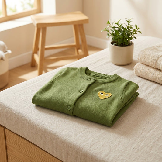 Littleloop™ Children's Cotton Knitted Cardigan in a calm home setting