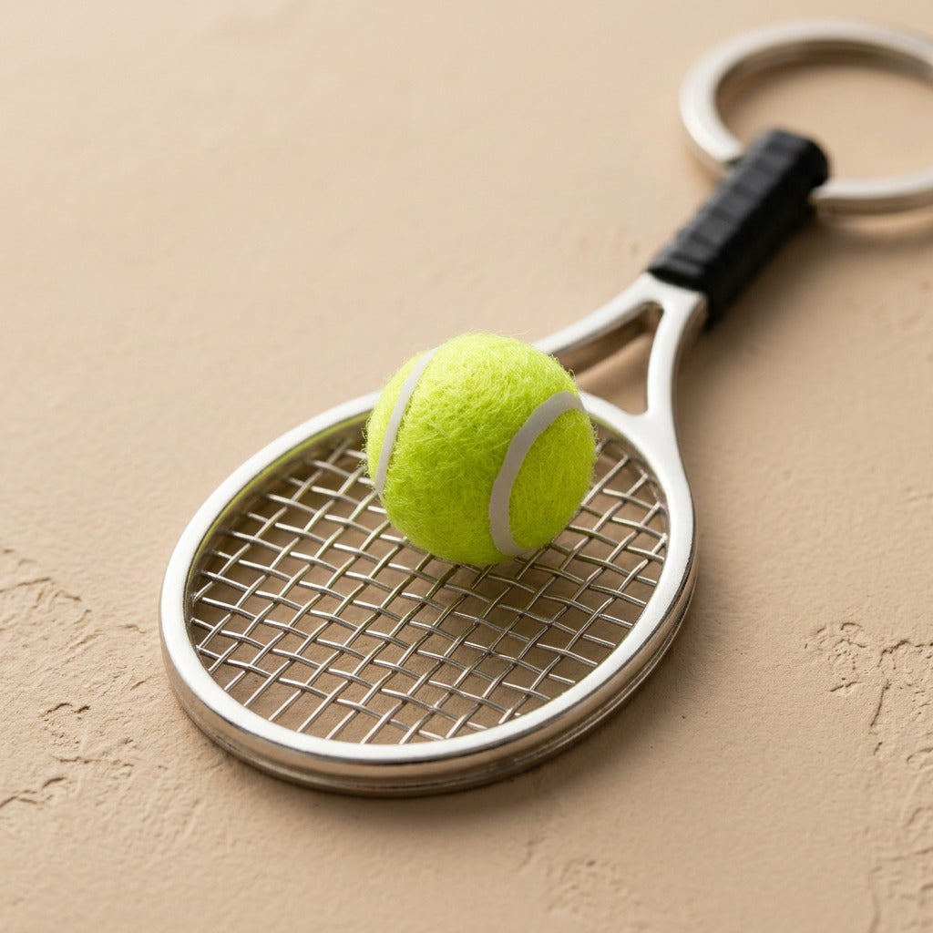 Courtclip™ Metal Tennis Racquet Keychain, material and detail close-up