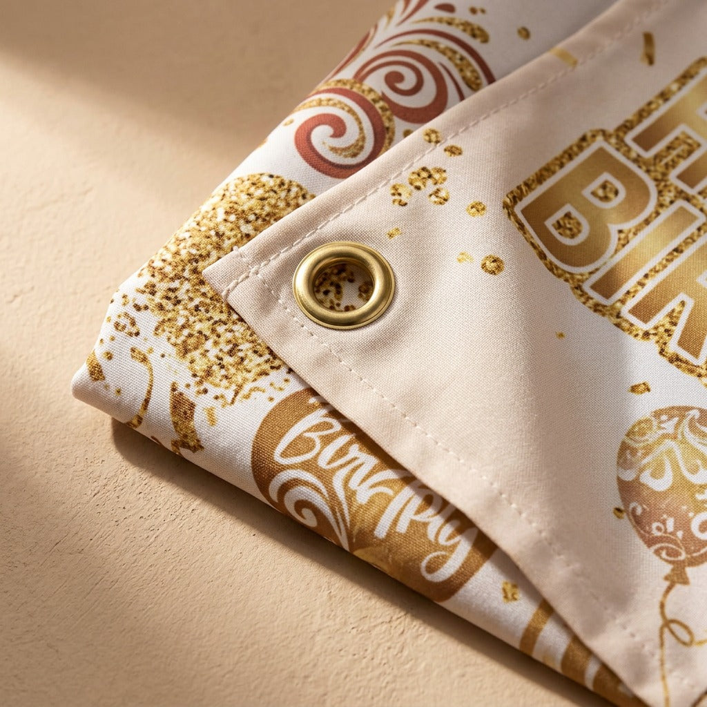 Partyveil™ Happy Birthday Backdrop Cloth, material and detail close-up