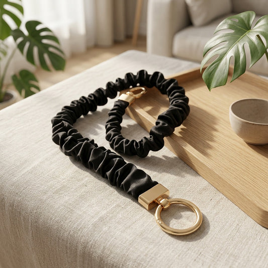 Satinkeeper™ Elastic Satin Phone Lanyard in a calm home setting