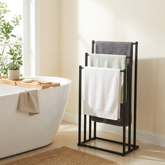 Bathstack™ 3-Tier Iron Bathtub Towel Rack in a calm home setting