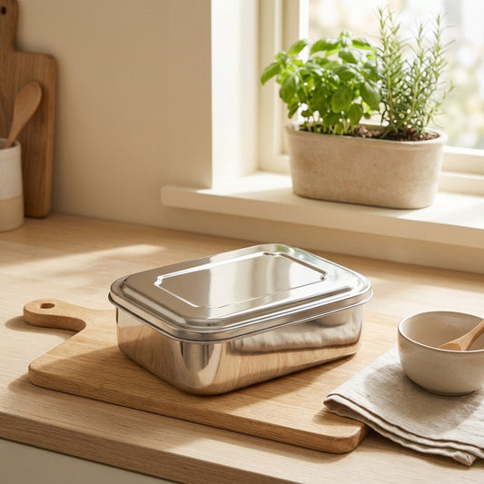 Mealtray™ Rectangular Stainless Steel Lunch Box in a calm home setting
