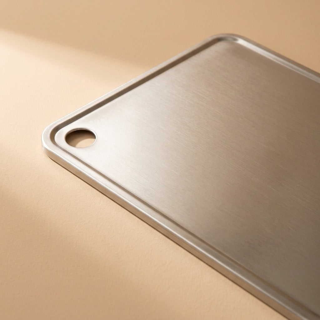Chopplate™ Stainless Steel Cutting Board, material and detail close-up